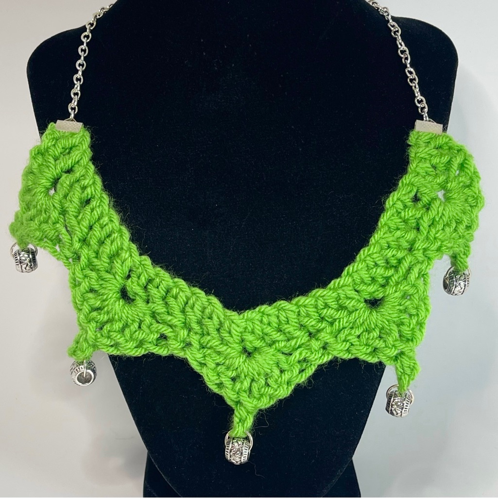 Handmade Crochet Lime Green Scalloped Bib Necklace Silver Accent Beads And Chain